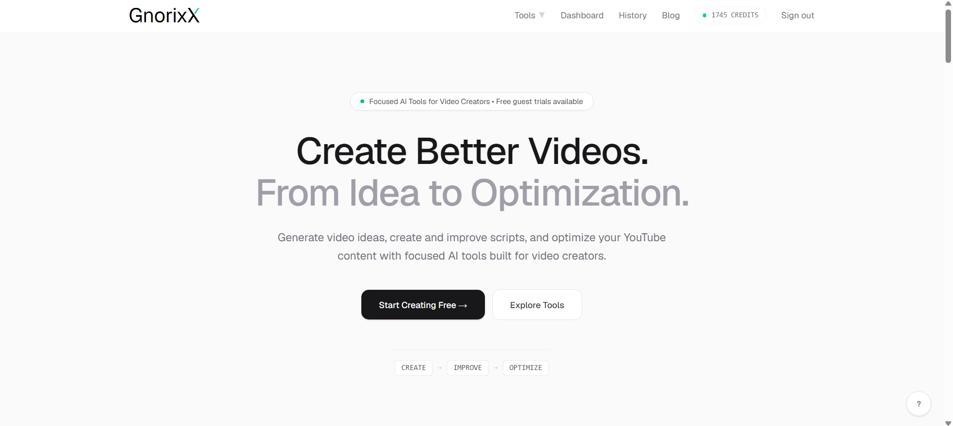 GnorixX screenshot: Focused AI tools built for video creators β from idea to optimization.