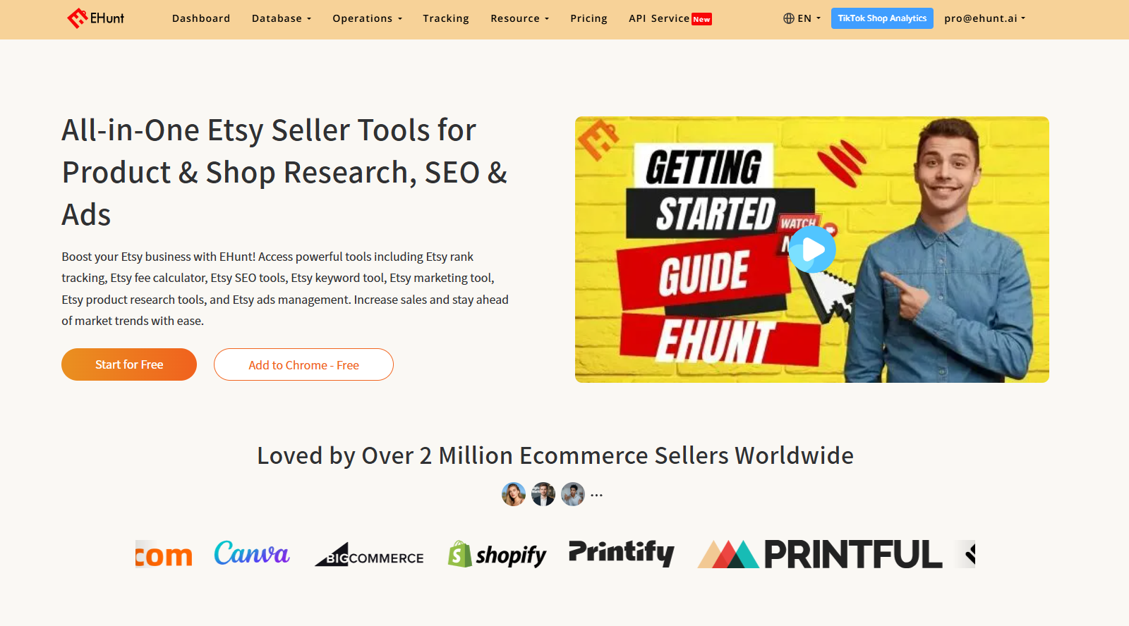EHunt screenshot: All-in-One Etsy Seller Tools for Product & Shop Research, SEO & Ads