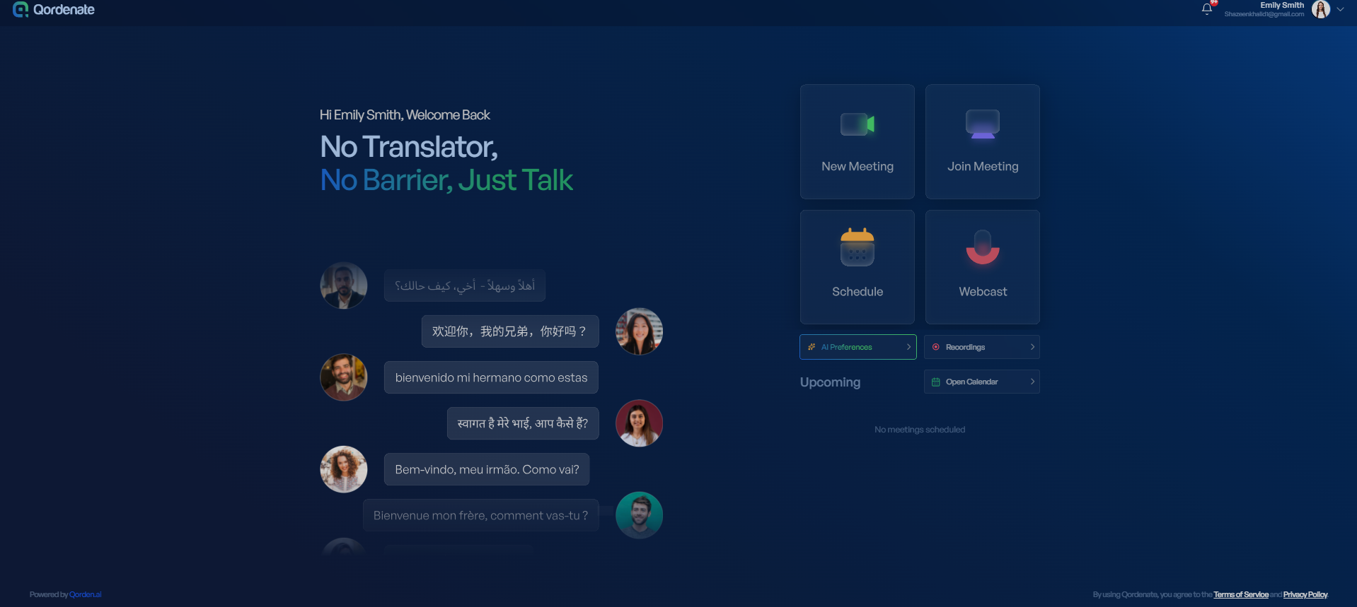 Qordenate screenshot: Live Multilingual Meetings Without Language Barriers
