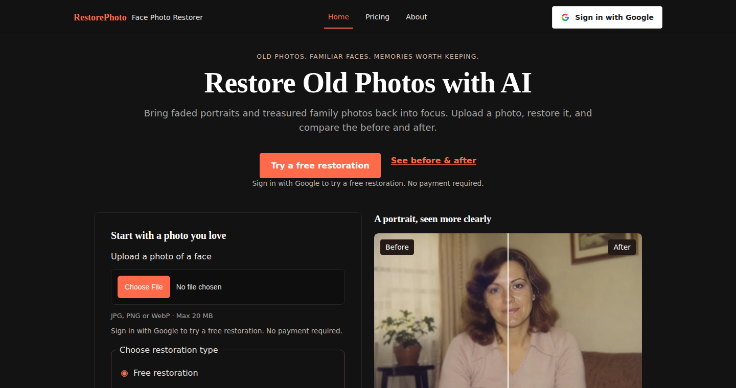 RestorePhoto screenshot: Restore old and blurry faces with AI
