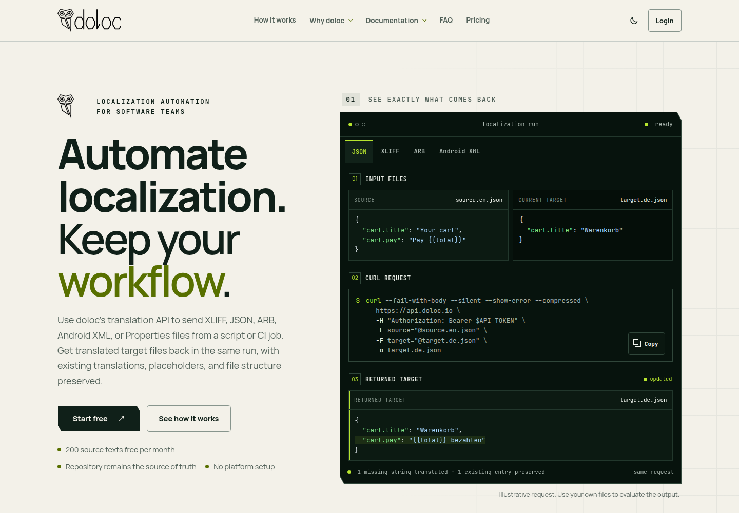 doloc screenshot: Automate software localization through a translation API