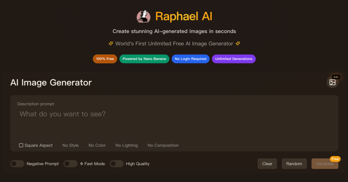 Raphael AI screenshot: Free unlimited AI image generation with no login required