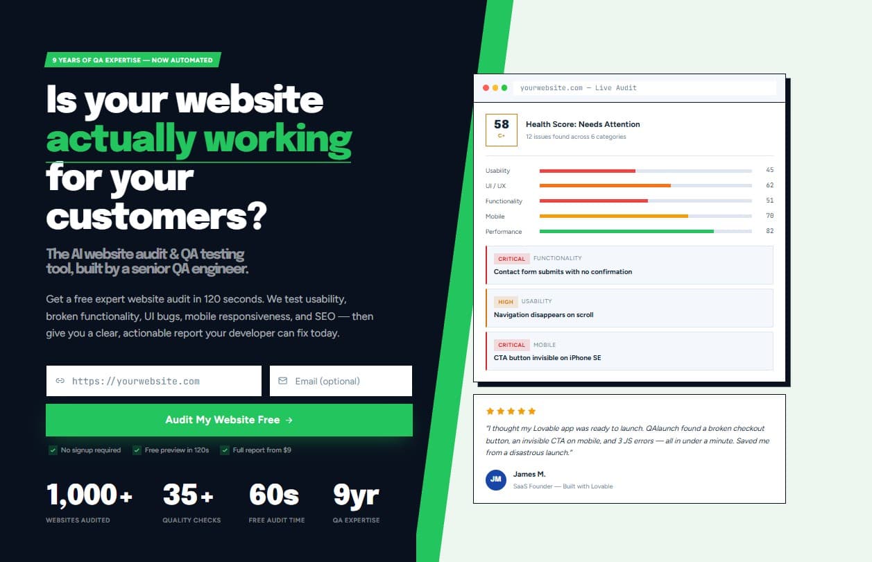 QAlaunch screenshot: Find what's broken on your website in about two minutes
