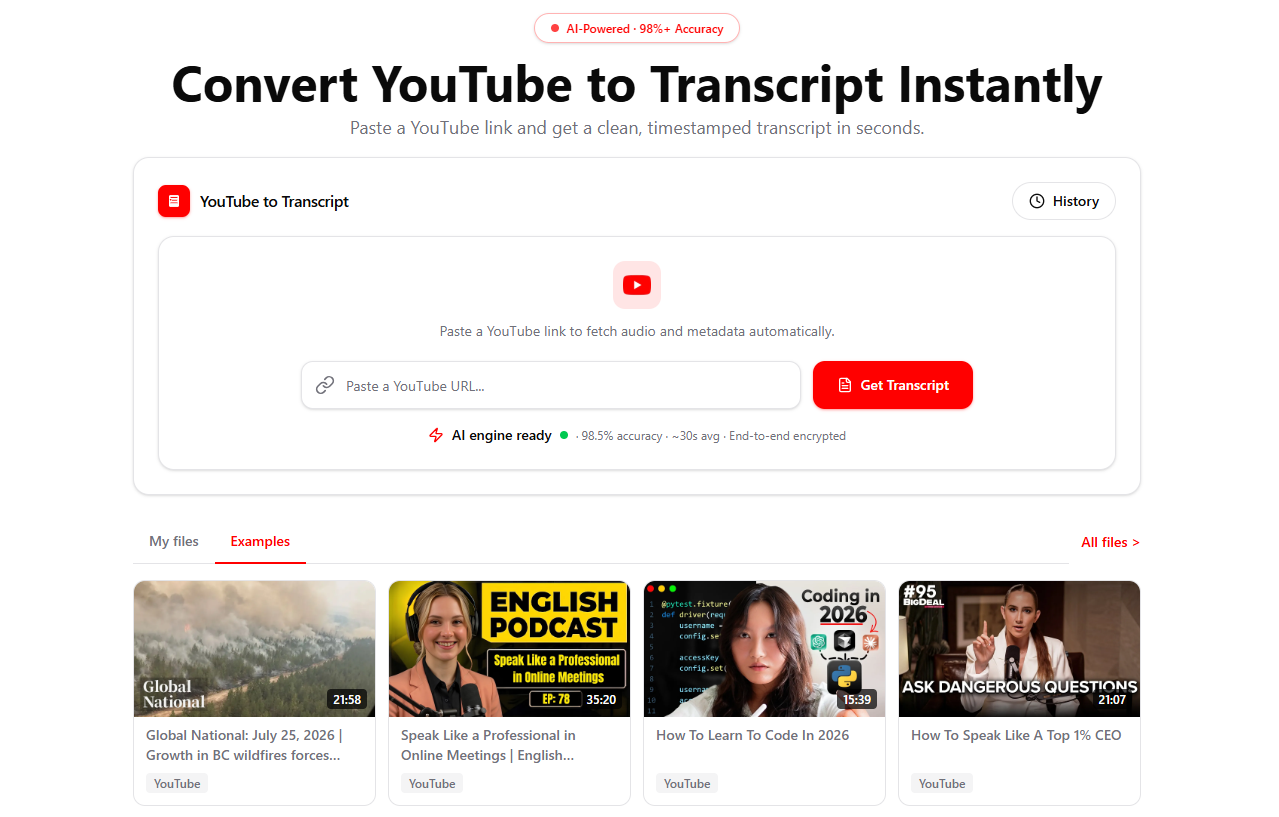 YouTube to Transcript AI screenshot: YouTube to Transcript with AI — Free Converter & AI Summary