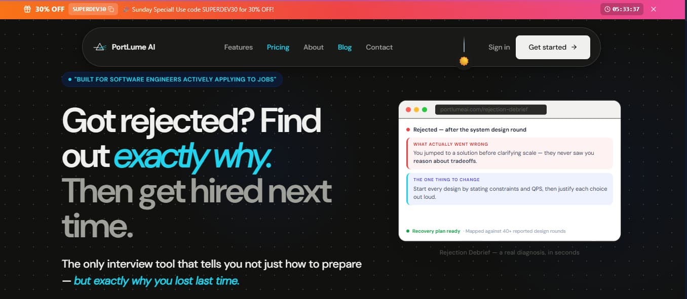 PortLume AI screenshot: PortLume AI is the only interview tool that tells you not just how to prepare — but exactly why you...