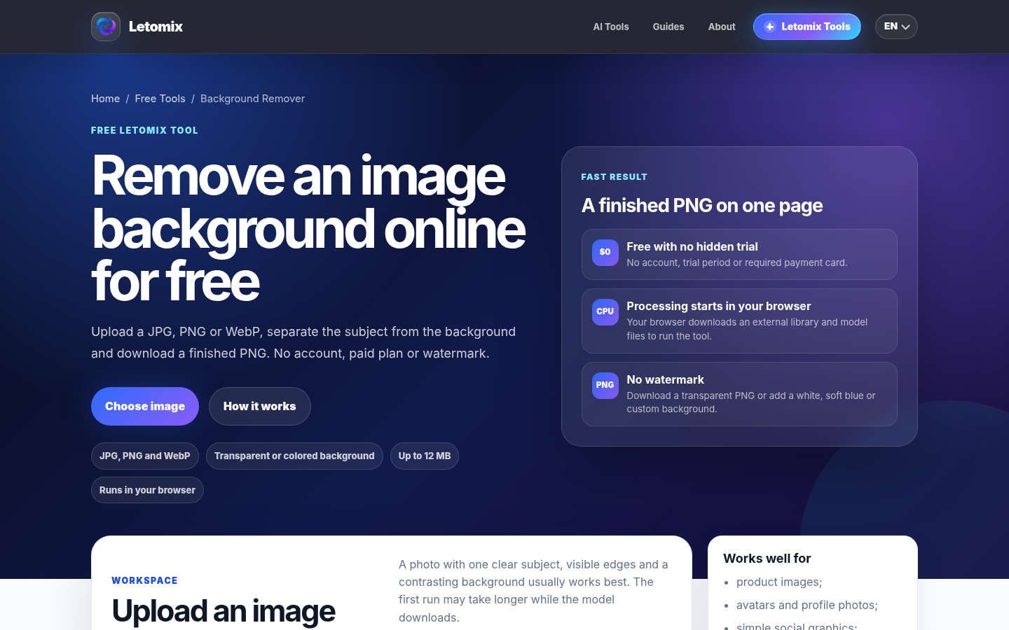 Letomix Background Remover screenshot: Letomix Background Remover is a free browser-based tool for removing image backgrounds...