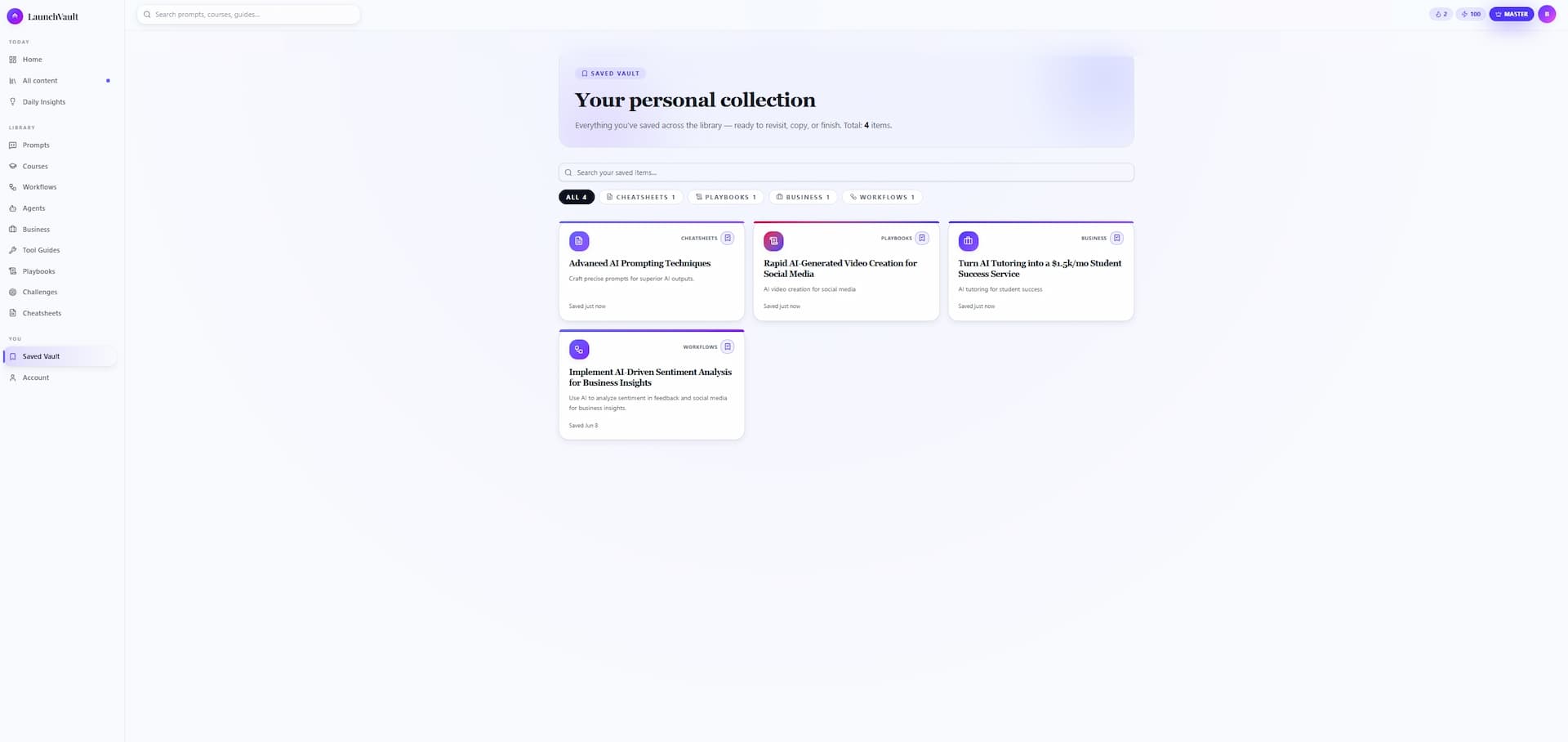 Launchvault screenshot: LaunchVault is a free, organized library of 1,500+ AI lessons written in plain English for adults who...