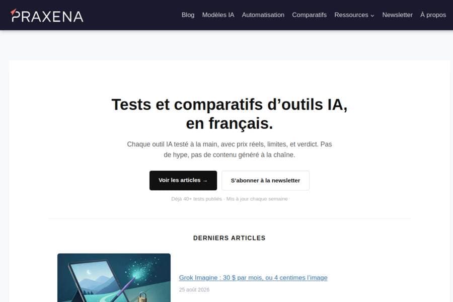 Praxena screenshot: Independent French-language reviews and comparisons of AI tools