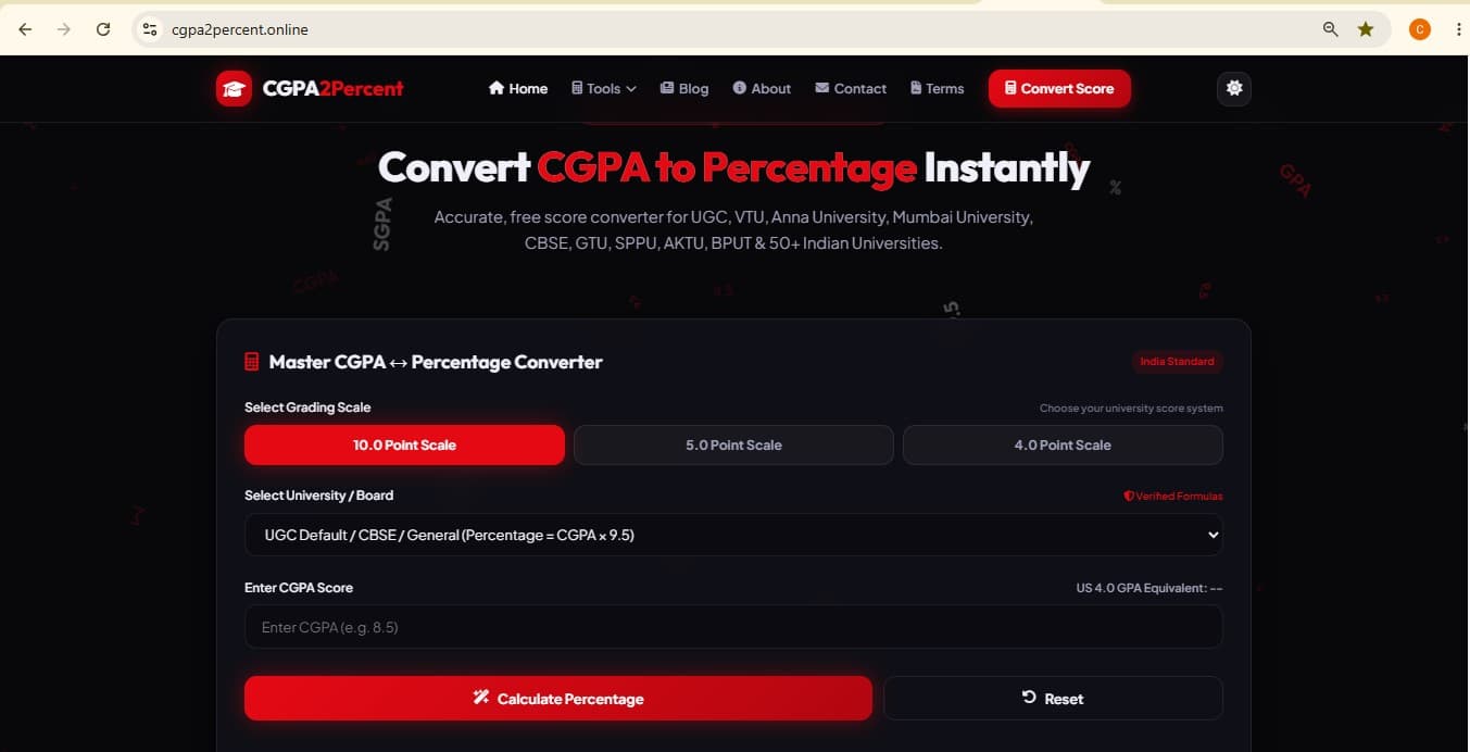 Cgpa2percent screenshot: Free CGPA to Percentage Converter — Accurate, Instant, No Signup