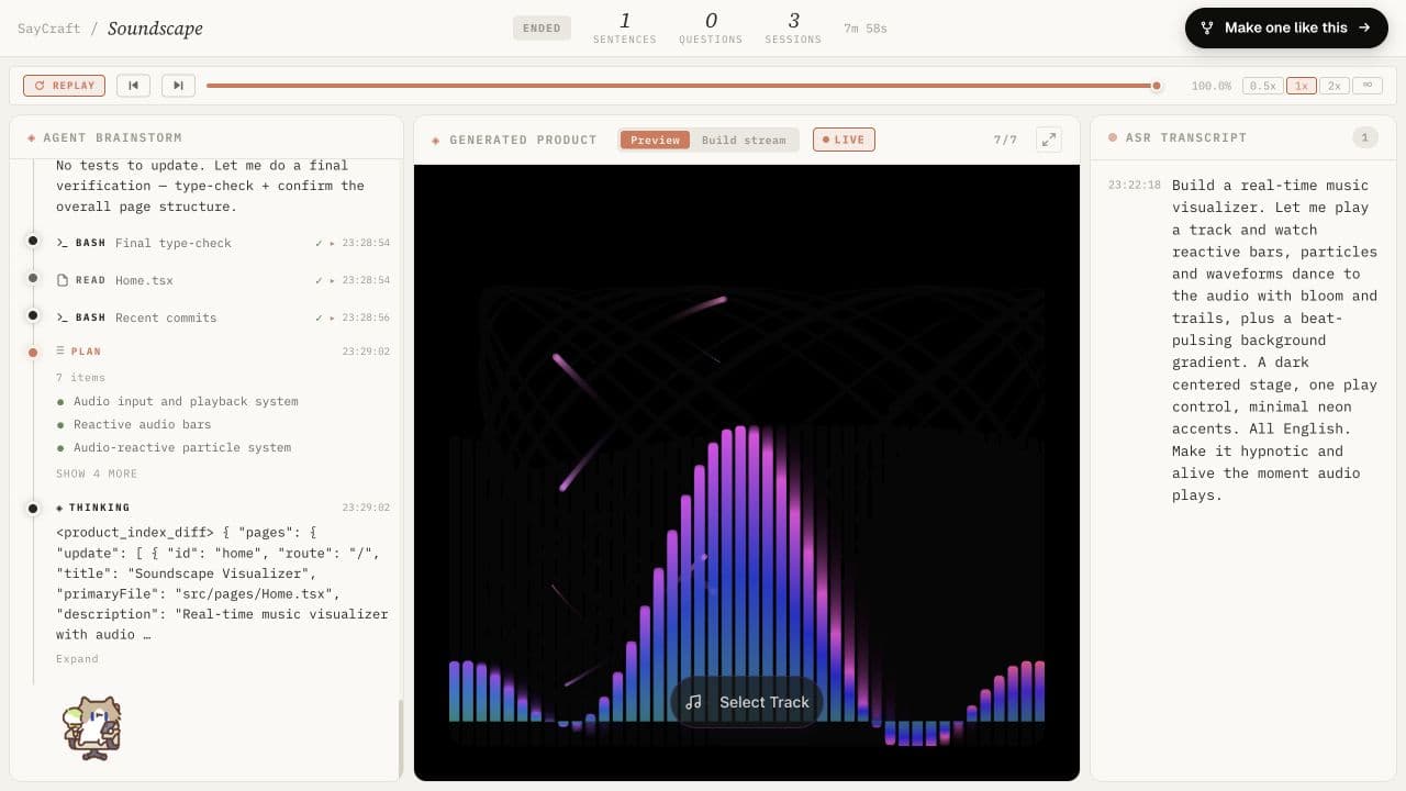 SayCraft screenshot: Turn your product meeting into a working prototype.