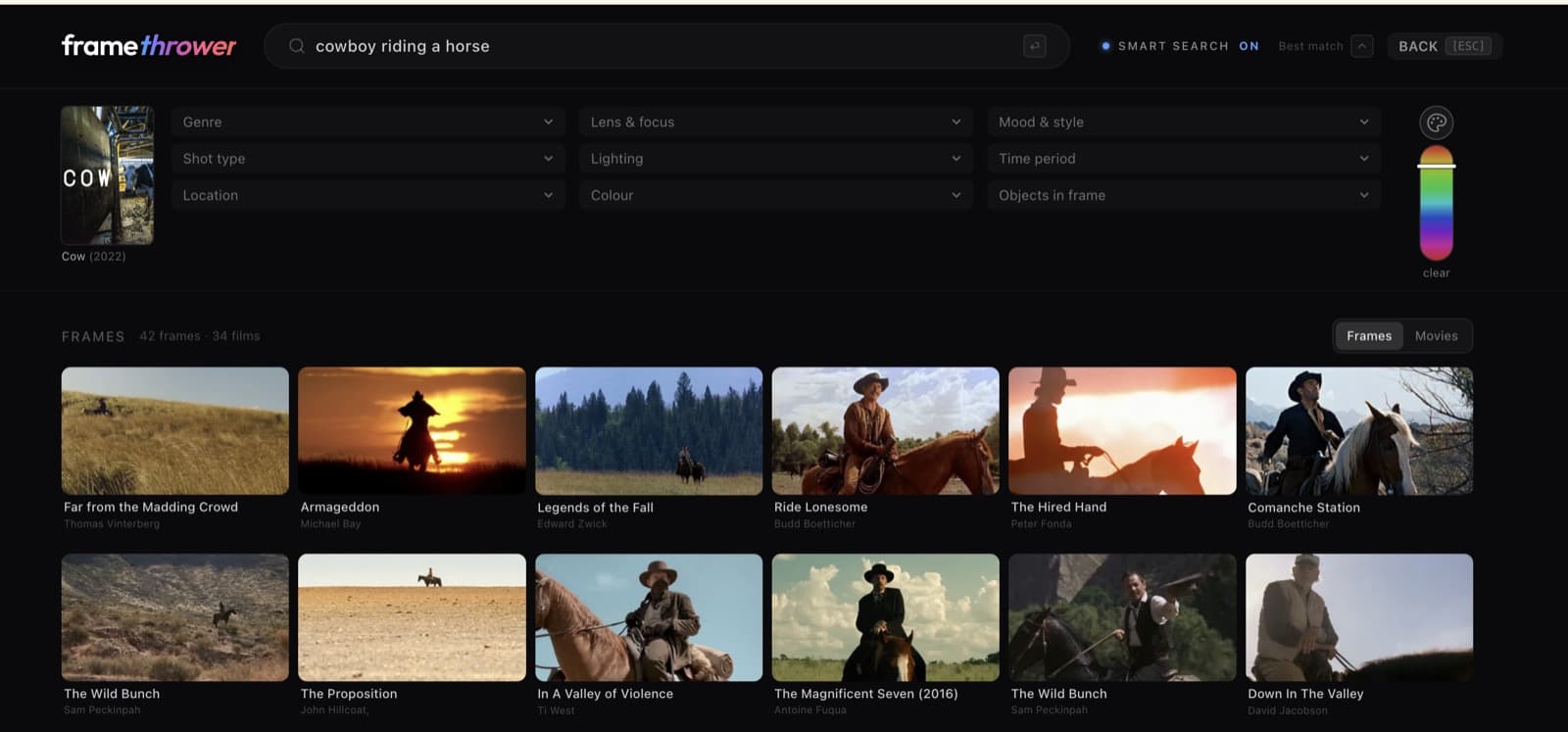 FrameThrower screenshot: The world’s largest film-still library for inspiration, learning, and making movies faster.