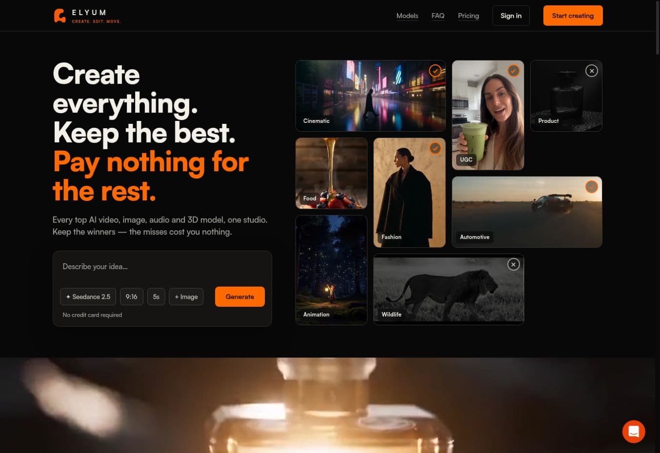 Elyum AI screenshot: Low-cost Seedance & AI video. Preview first—pay only for generations you like.