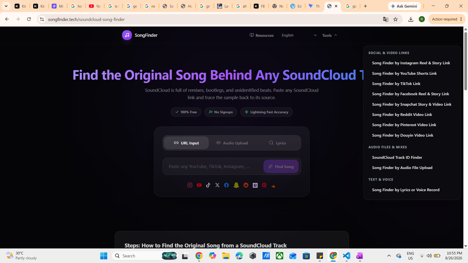 Song Finder screenshot: Identify any song from a TikTok, Instagram or YouTube link or audio file. 100% free, no signup