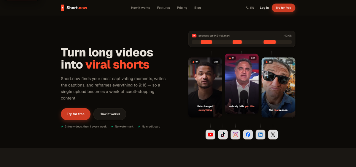 Short.now screenshot: AI video repurposing for creators