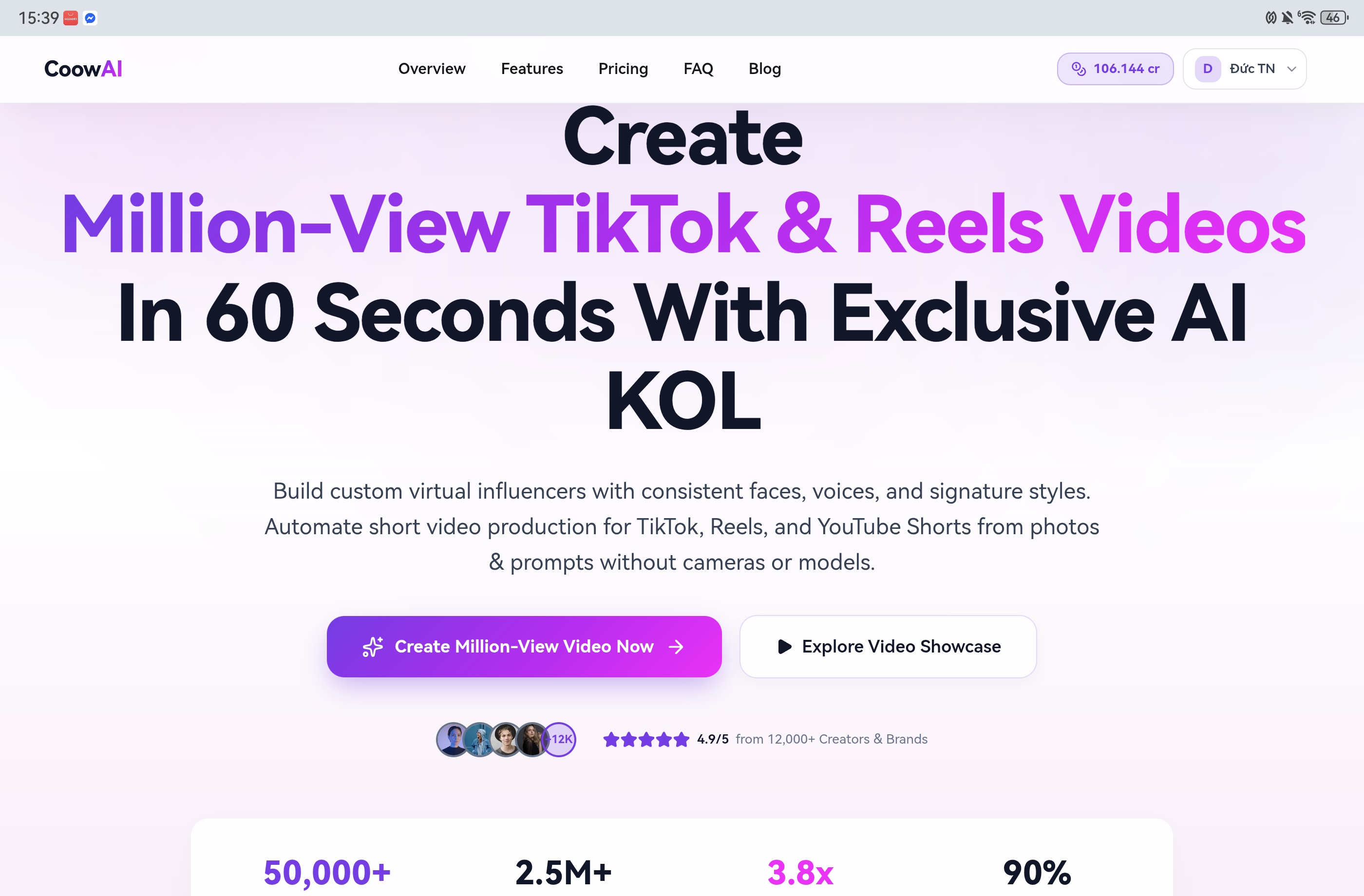 CoowAI - Free AI video generator for content creator screenshot: Create Million-View TikTok & Reels Videos In 60 Seconds With...