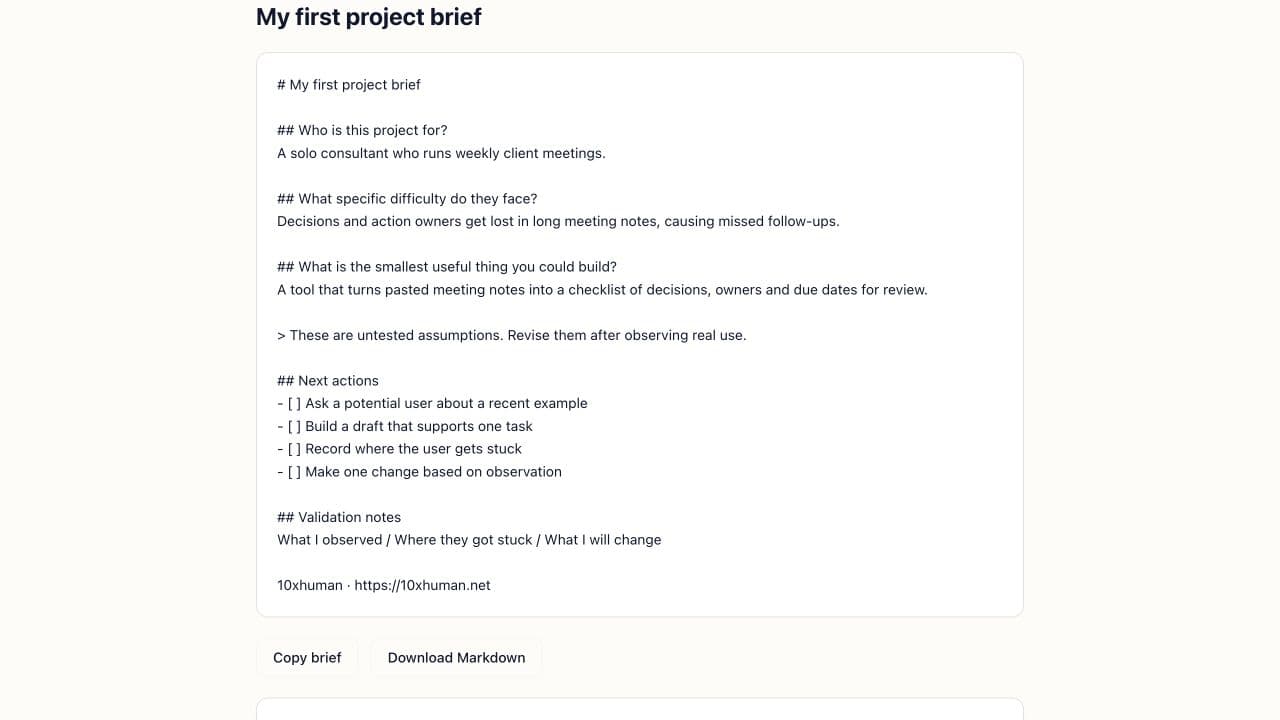 10xhuman screenshot: Turn a real problem into your first AI-built product