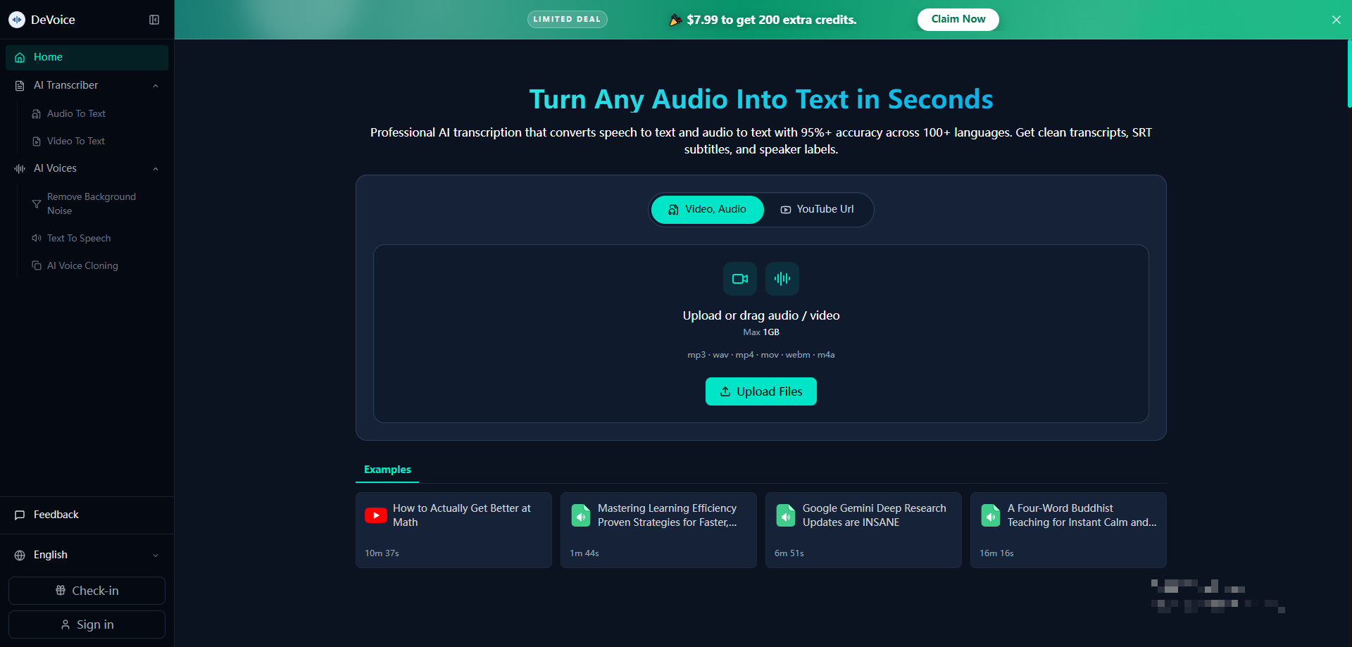 DeVoice - Free AI Audio & Video Transcription screenshot: ai transcriber, ai translator, audio enhancer