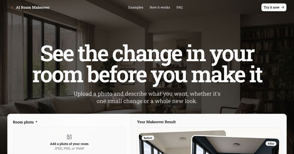 AI Room Makeover screenshot: Preview a room change in your own photo before you make it.