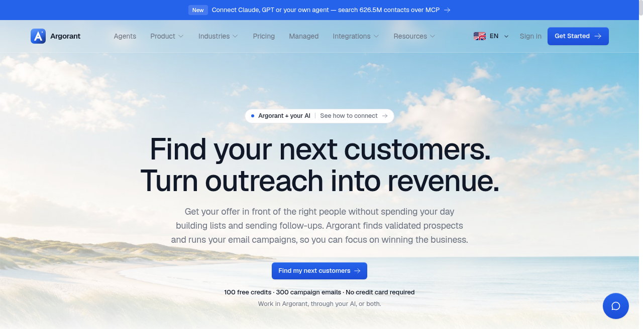 Argorant screenshot: Find your next customers across 626,000,000 contacts.