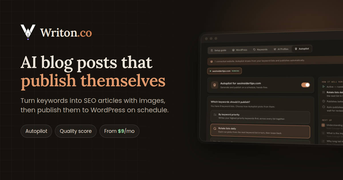 Writon screenshot: AI article writer that publishes to WordPress on autopilot.