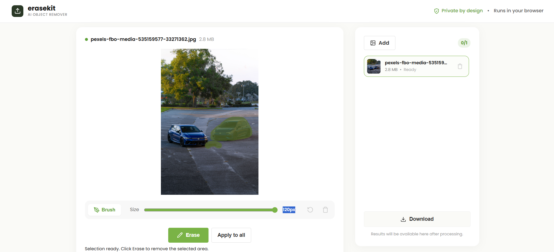 EraseKit screenshot: AI object removal with powerful batch editing for identical image areas.