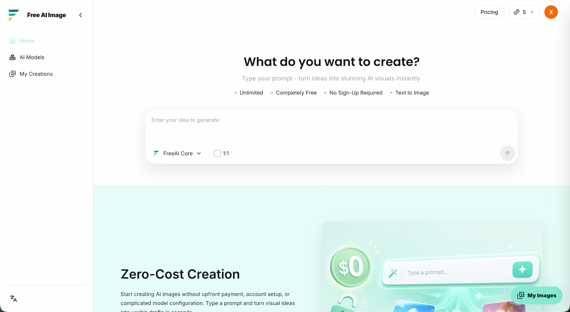 Free AI Image screenshot: Free text-to-image AI generator for fast visual drafts