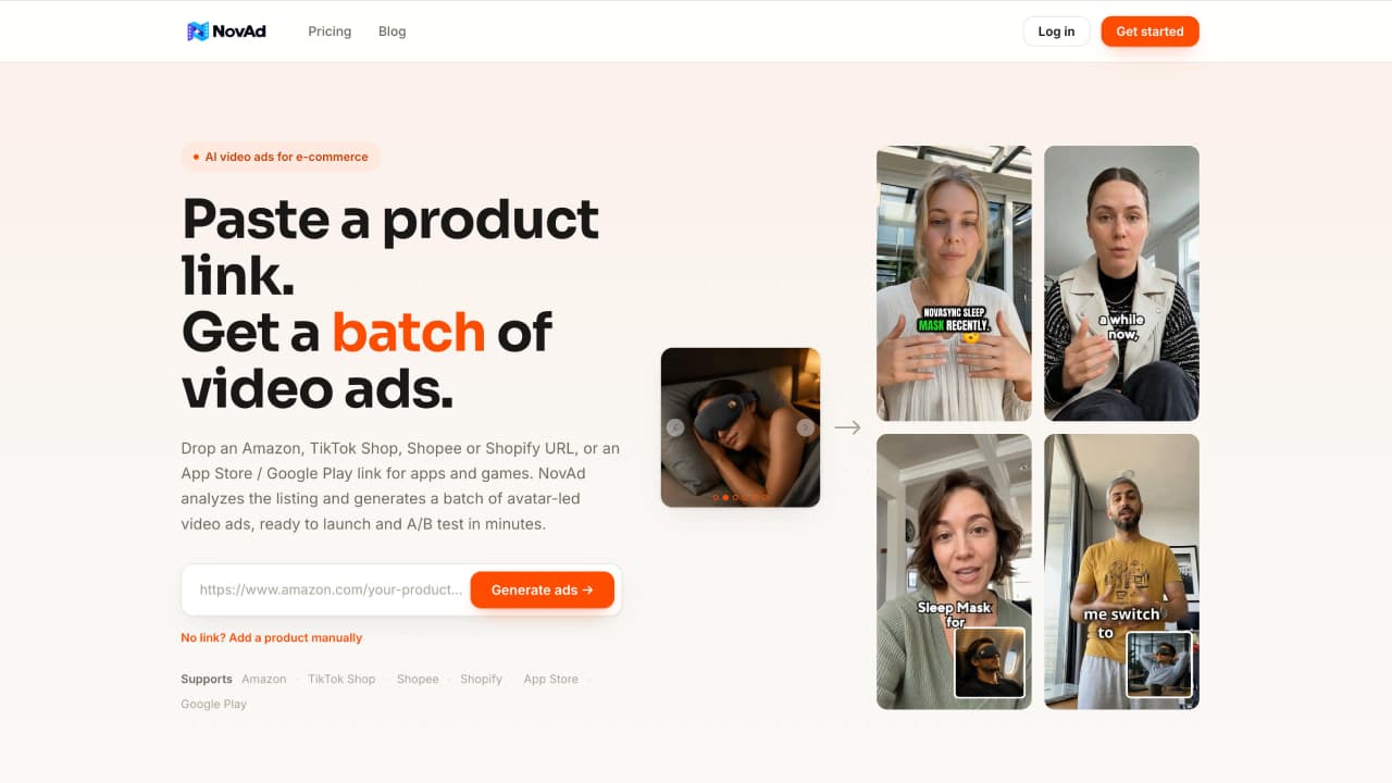 NovAd screenshot: NovAd β Paste a product link. Get a batch of video ads.
