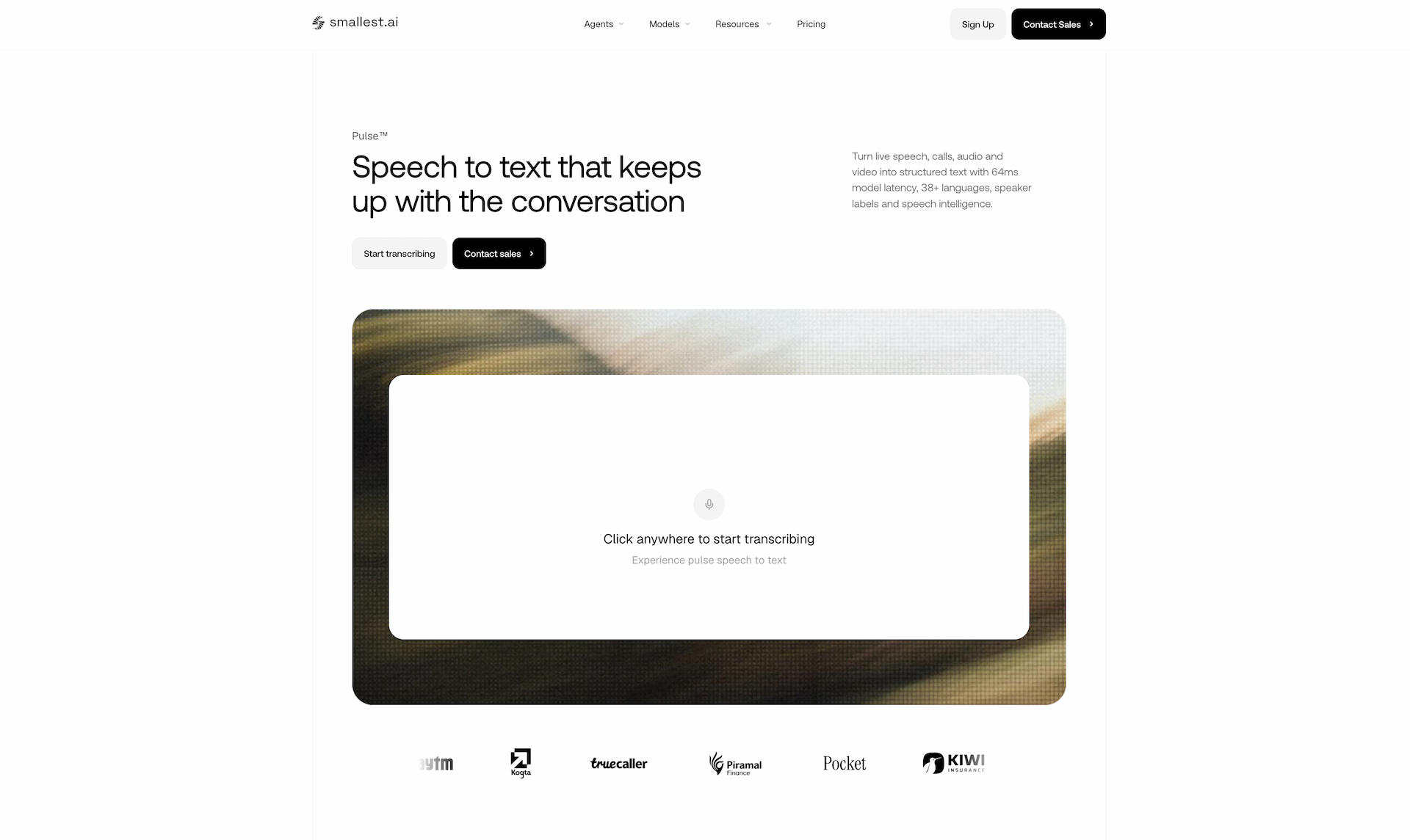 Pulse — Speech-to-Text by Smallest AI screenshot: Real-time speech-to-text API with sub-100ms latency, diarization, and PII...