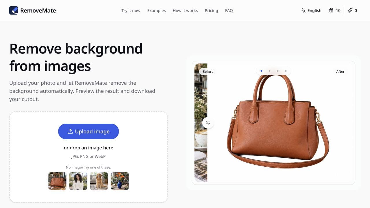 RemoveMate screenshot: AI background removal and image cleanup