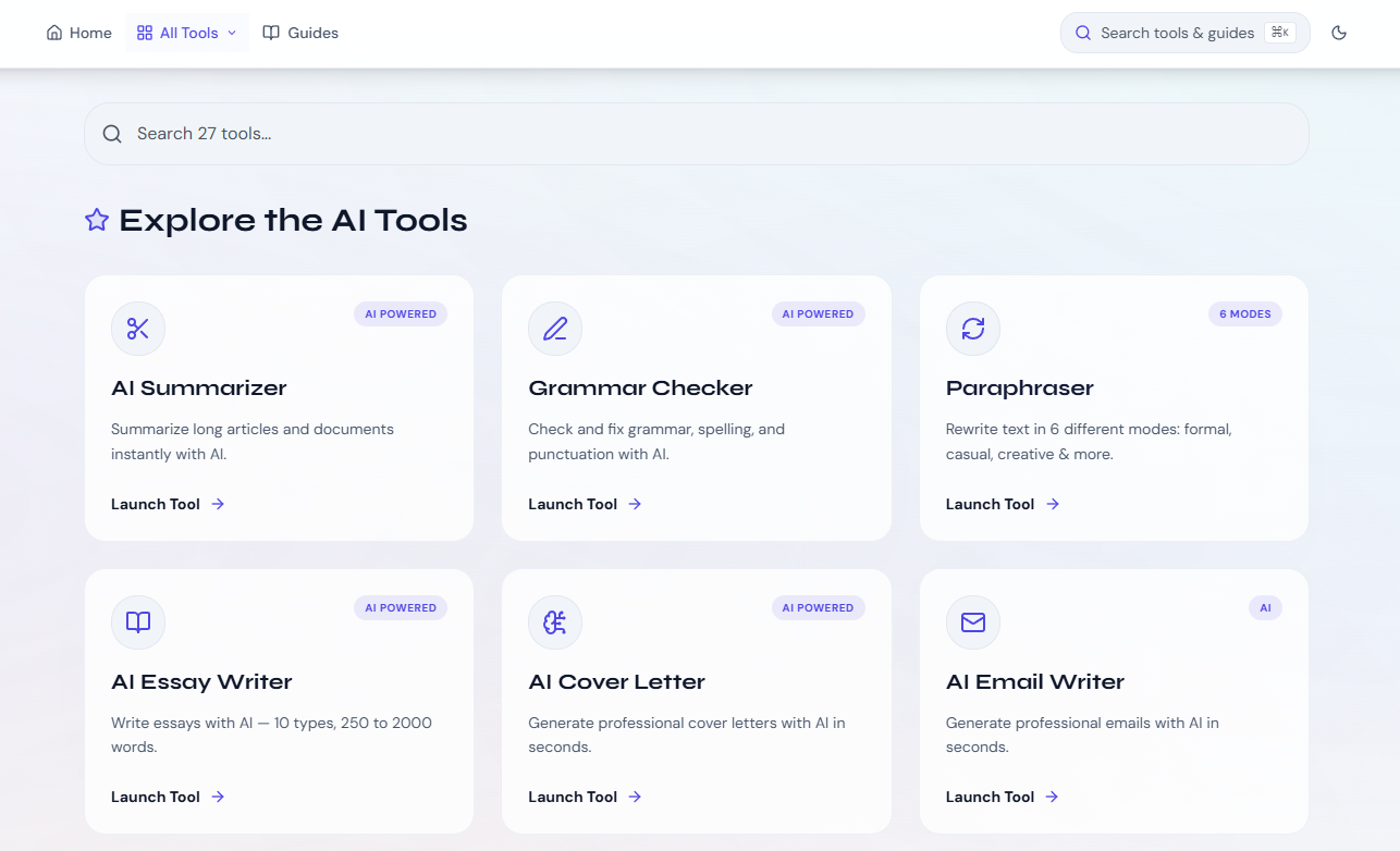 ToolWise screenshot: Free AI writing suite summarize, paraphrase, humanize & detect. No signup, no paywall.